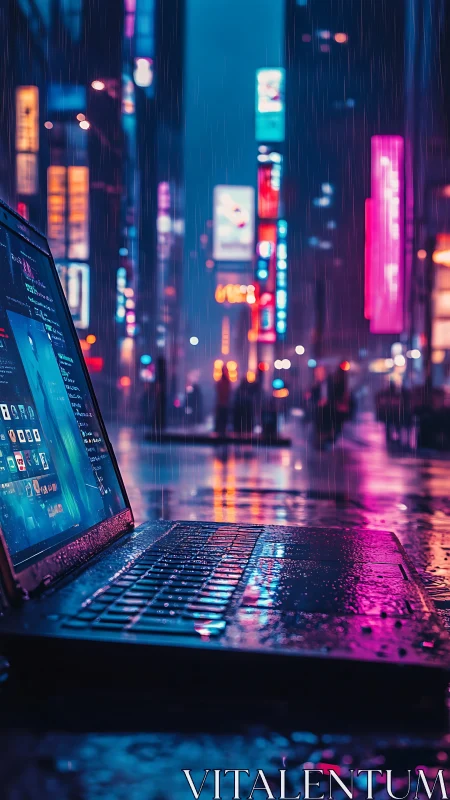Cyberpunk rain-soaked laptop in neon urban perspective study.