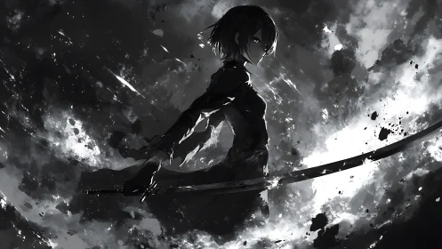 Monochrome katana wielder framed by high contrast ink storm