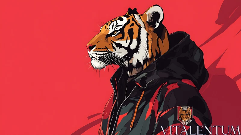 Tiger in hooded jacket against flat red background.