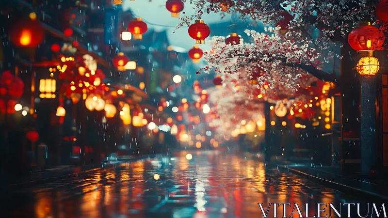 Rain-soaked lantern street uses depth of field and specular bokeh