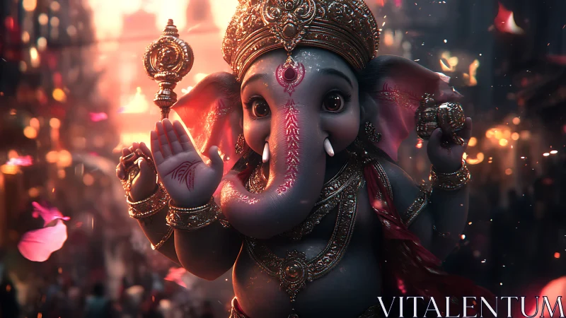 Divine elephant deity child rendered in warm festive light