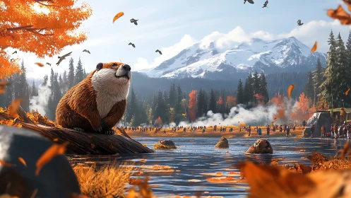 Autumn river otter close-up with festival crowd and peaks