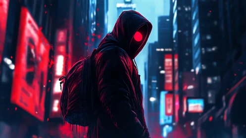Hooded urban figure with red neon eyes in cyber cityscape.