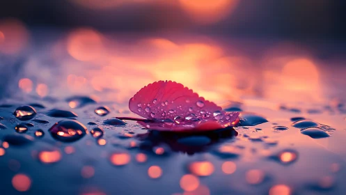 Crimson Leaf Glistens Amid Dewdrops at Golden Hour.