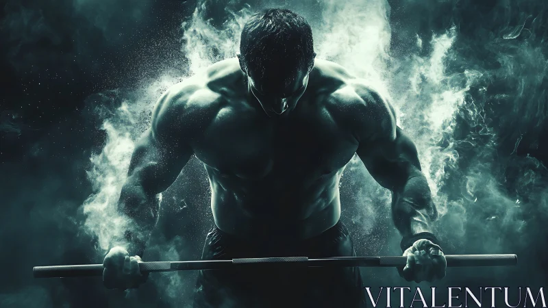 Low-key cinematic portrait of muscular athlete lifting barbell