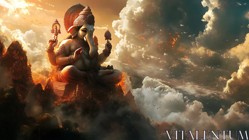 Elephant-headed deity statue is rendered above clouded mountains