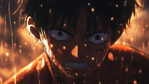 Rain‑soaked anime hero burns with fierce unbroken resolve.