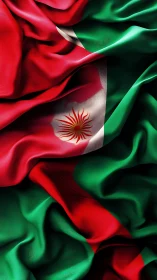 Highly detailed draped flag with red green bands and radial sun emblem
