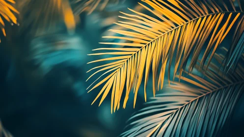 Golden cyan palm fronds in soft bokeh tropical abstraction.