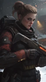 Armored sci fi soldier with rifle in snowy battlefield.