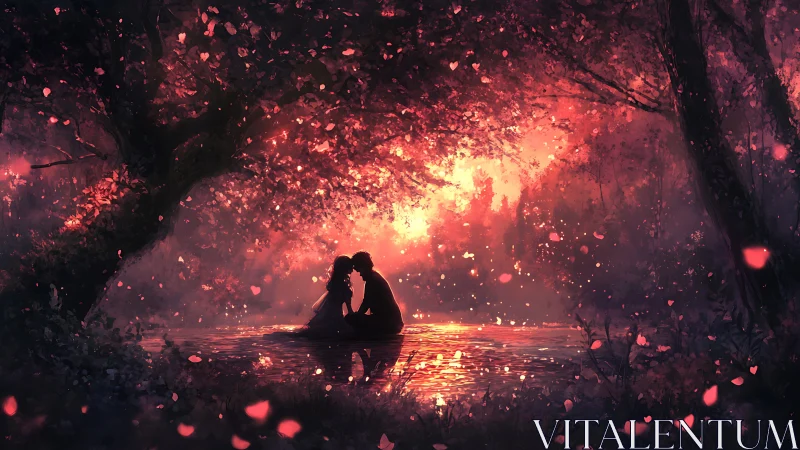 Silhouetted couple embracing in luminous forest paradise.