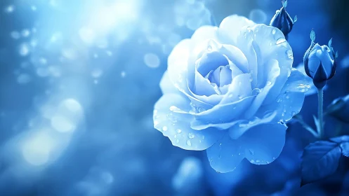 Blue Rose Bloom with Water Droplets.