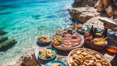 Seafood feast spreads across rustic table by turquoise bay.