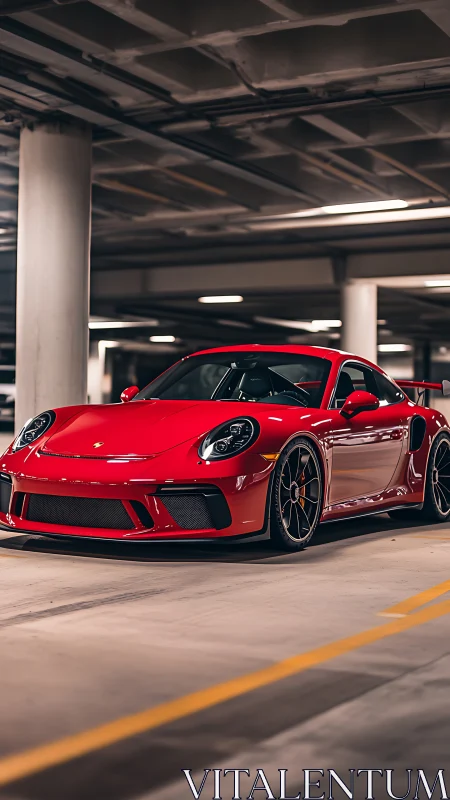 Scarlet sports coupe poised in moody underground garage.
