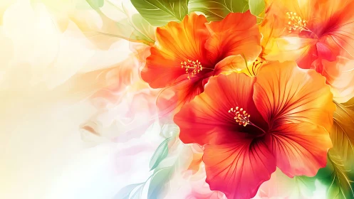 Hibiscus Flowers with Gradient Color Transition and Foliage