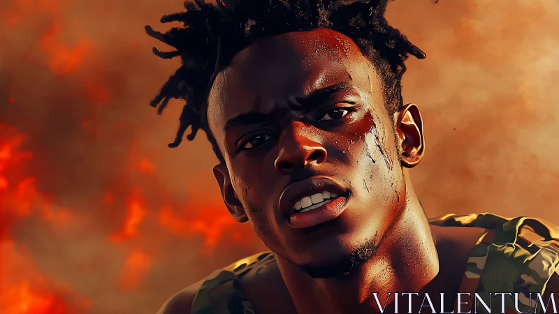 Battle-scarred fighter stares ahead amid blazing inferno.