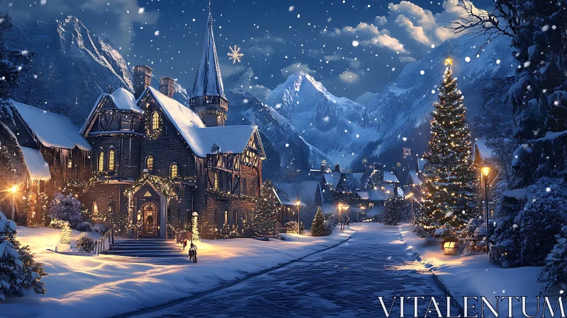 Midnight snowfall crowns a storybook alpine Christmas street.