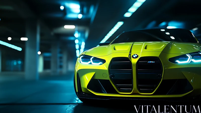 Neon yellow sports car prowls a moody underground parking