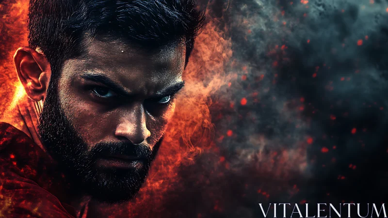 Smoldering warrior gaze carved from embers and stormclouds.