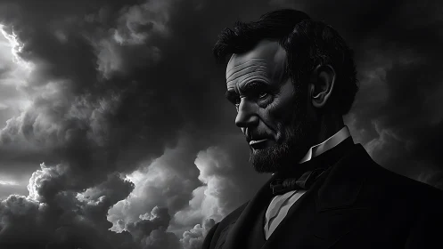 Solemn monochrome portrait of a bearded man in storm clouds.