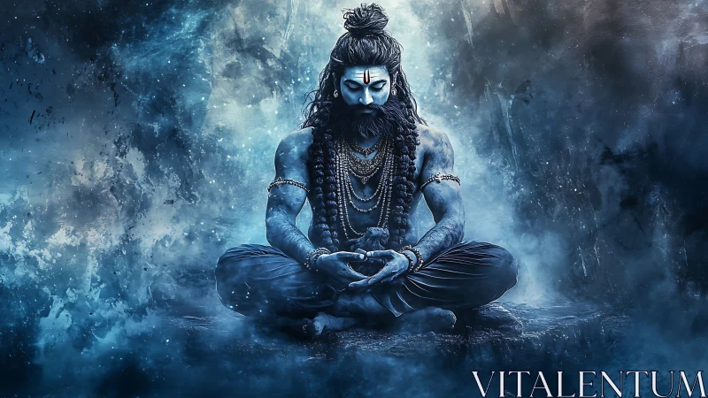 Meditative blue deity in swirling cosmic mist digital art.