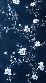 White Flowering Branches on Deep Blue Background.