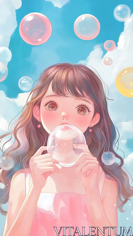 Girl holding clear bubble under bright summer sky.