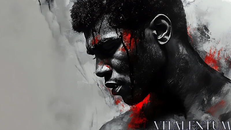 High-Contrast Portrait with Crimson Accents and Monochromatic Rendering.