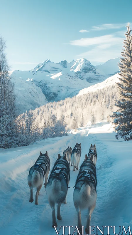 Husky sled team traverse sunlit alpine snow corridor.