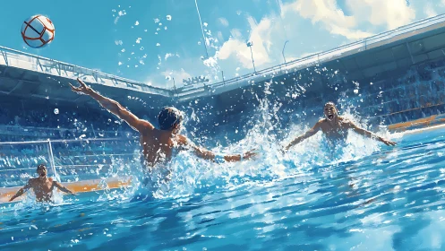 Swimmers leap toward a volleyball in a bright outdoor pool