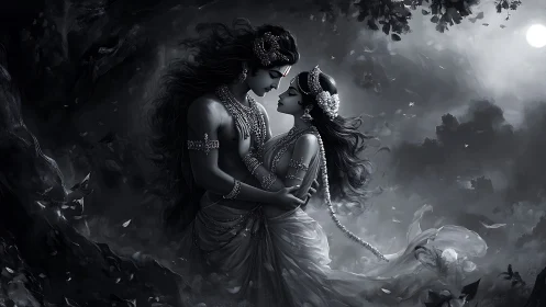 Monochromatic Celestial Romance: Digital Rendering with Ethereal Mythology.