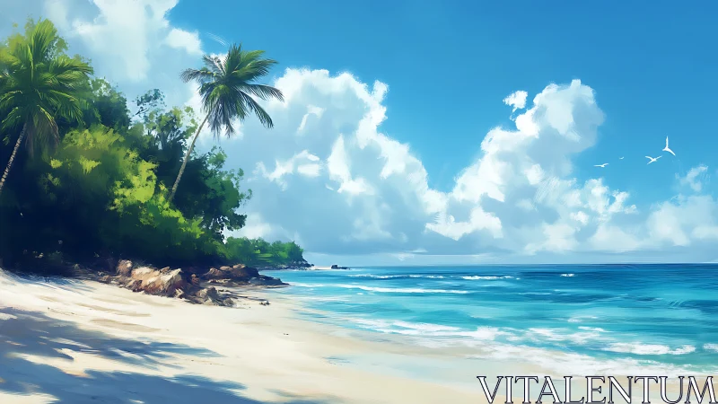 Tropical Beach With Palm Trees And Turquoise Waters.