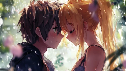 Anime couple under gentle rain in intimate close embrace.