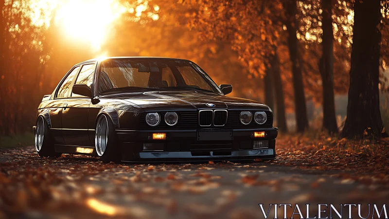 Photorealistic classic sedan in cinematic autumn backlight.