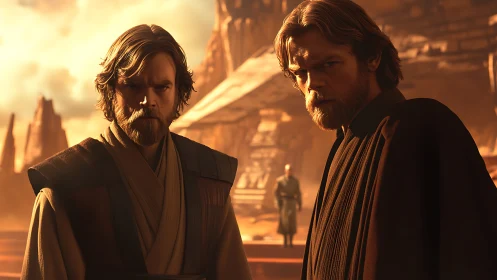 Bearded robed figures on rocky plateau in warm light.