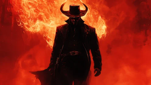 Infernal gunslinger silhouette in flaming crimson haze.