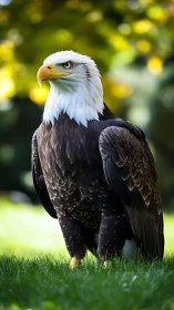 Bald eagle stands alert on grass with blurred foliage background