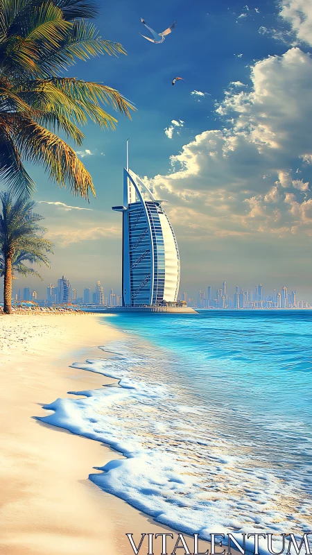 Parametric sail-tower on sunlit Gulf shoreline horizonscape.