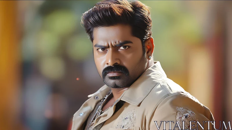 Steel-eyed gaze carves intensity through soft blurred lights