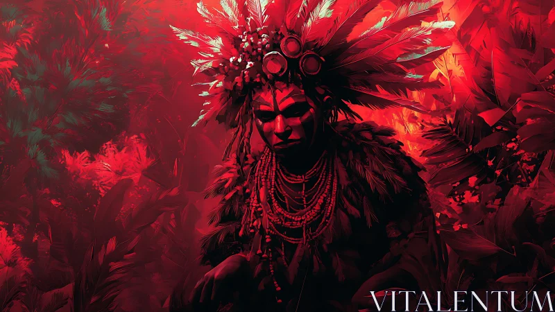 Mystic jungle guardian in radiant red feathered ritual wear.