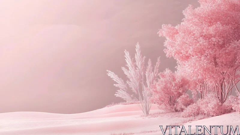 Soft pink dreamscape of dunes and cotton candy trees.