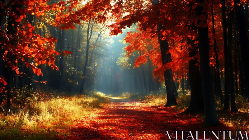 Autumn's Luminous Corridor Glows Through Shadowed Woodland Depths