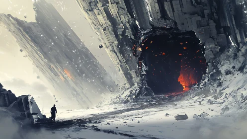 Lone wanderer at a burning cavern in frozen cliffs.