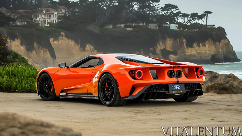 Orange Ford GT supercar is parked on a sandy beach