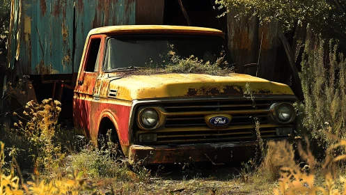 Weathered yellow farm truck rests quietly in wild overgrowth