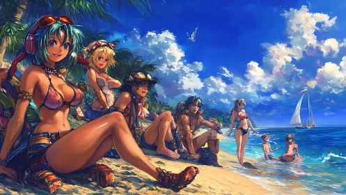 Sunlit anime beach crew basking in sky-bright tropical bliss.