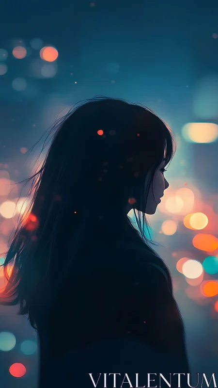 Solitary girl silhouette amid neon bokeh city lights.