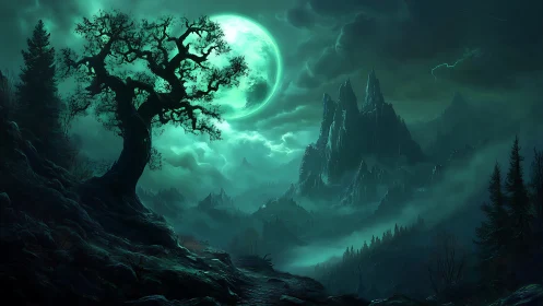 Moonlit fantasy landscape with twisted tree and peaks.