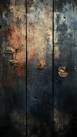 Weathered vertical planks with dark stains and erosion marks.