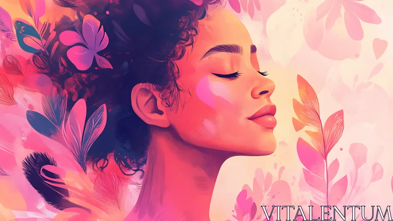 Side profile digital portrait integrates floral abstract elements